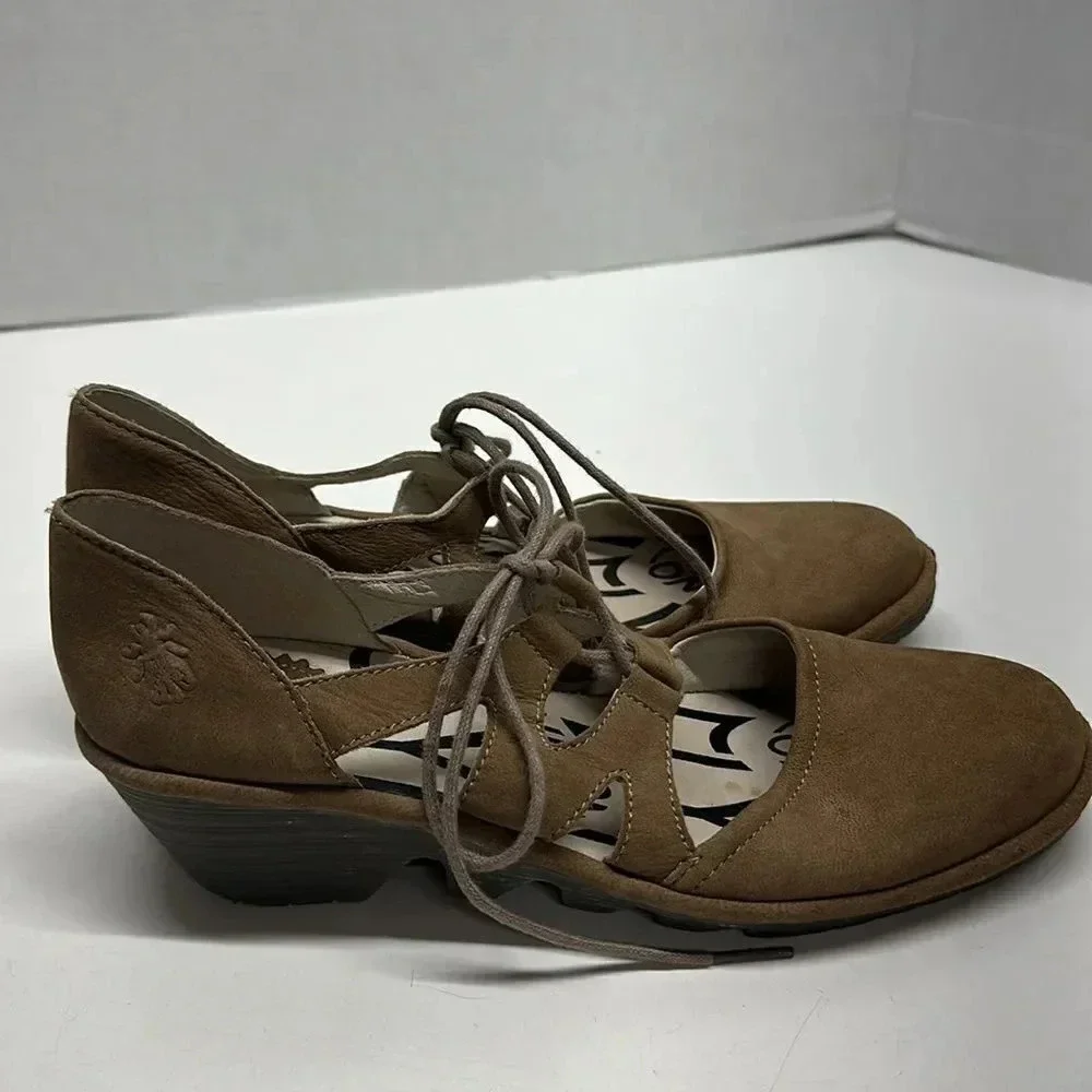 Fly London Phis Mary Jane Wedges Low Heel Suede Lace Up Shoes Tan Brown Size 8